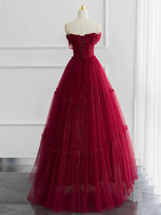 Burgundy A-line Off Shoulder Tulle Shiny Long Prom Dress,DP1567