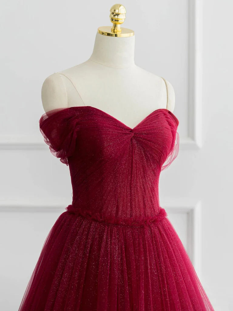 Burgundy A-line Off Shoulder Tulle Shiny Long Prom Dress,DP1567