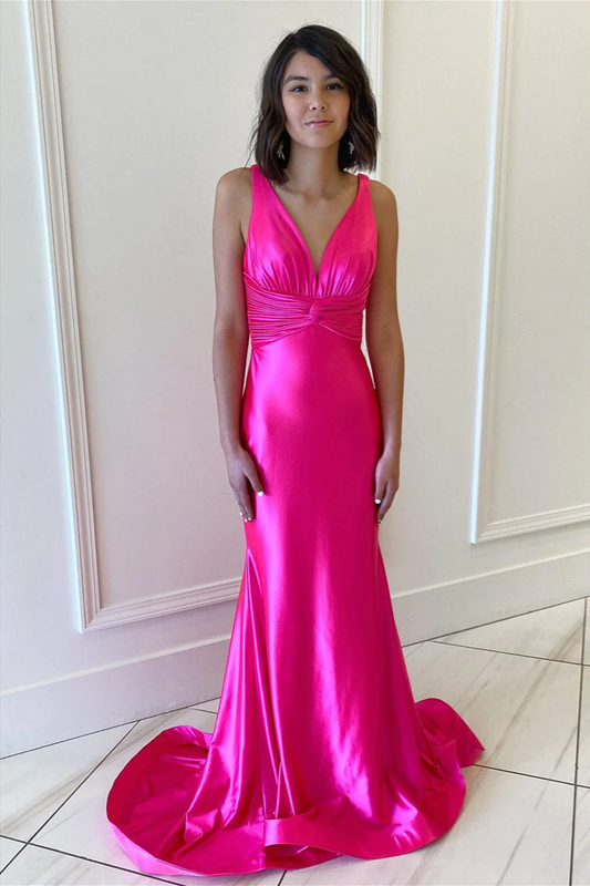 Fuchsia V Neck Satin Backless Mermaid Long Prom Dress,DP1569