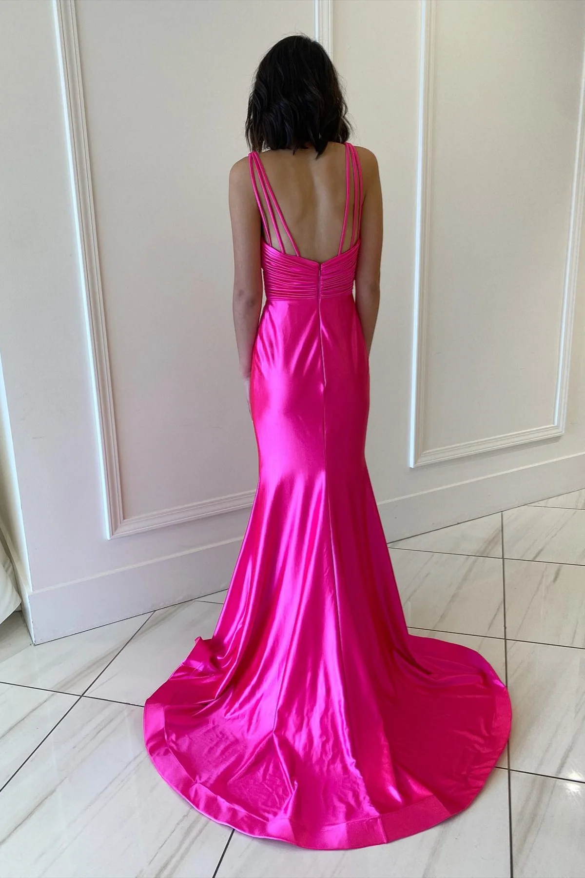 Fuchsia V Neck Satin Backless Mermaid Long Prom Dress,DP1569