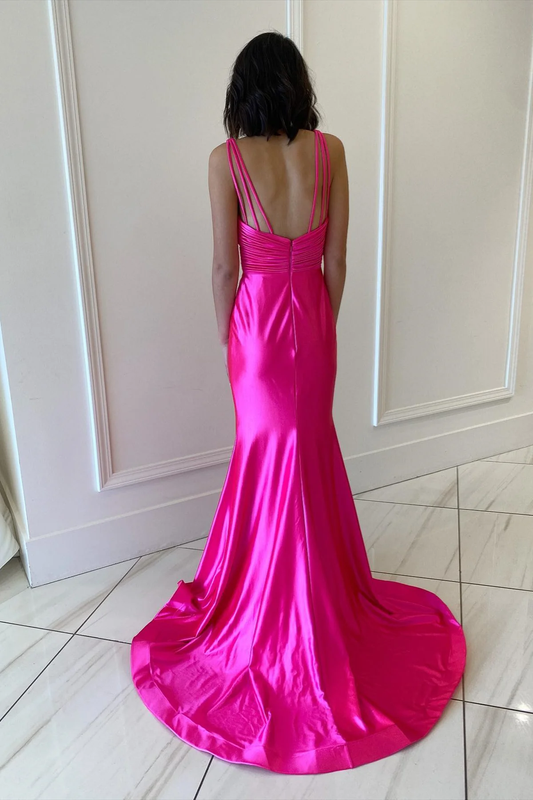 Fuchsia V Neck Satin Backless Mermaid Long Prom Dress,DP1569