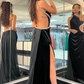 Black Halter Beaded Pleated Satin Blackless Long Prom Dress with Slit,DP1570