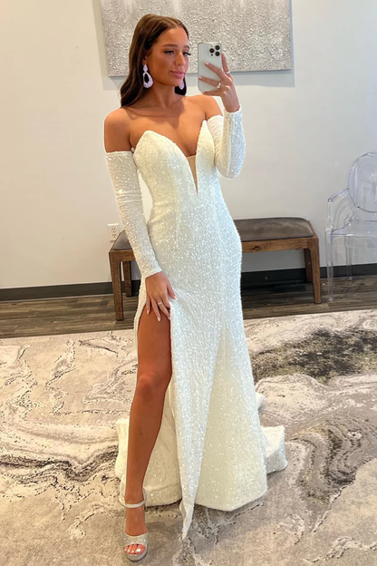 Ivory Sequins Strapless Deep V-Neck Long Prom Dress with Slit,DP1571