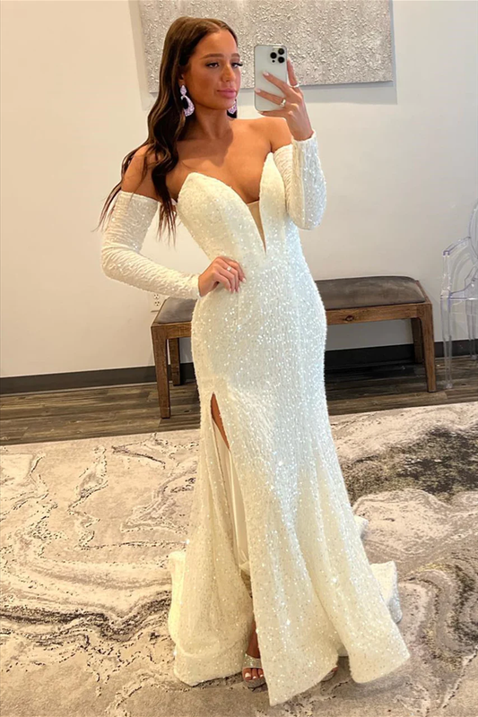 Ivory Sequins Strapless Deep V-Neck Long Prom Dress with Slit,DP1571