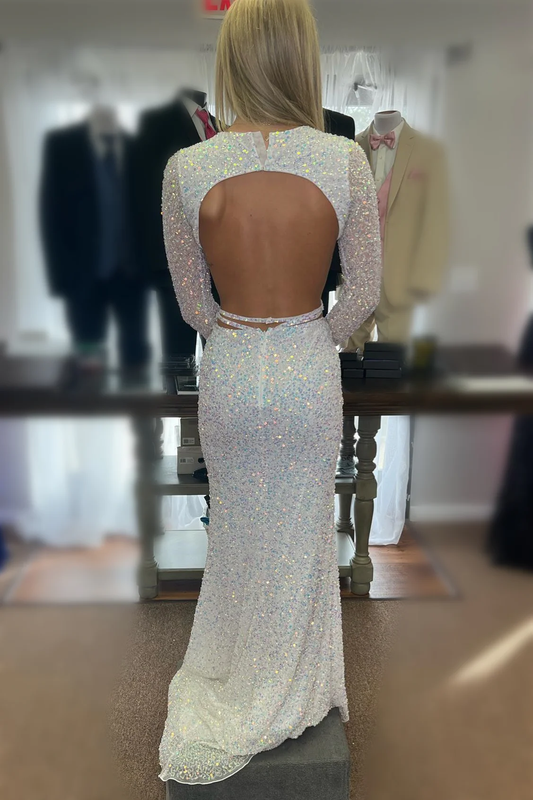 White Sequins Long Sleeves Mermaid Cut-Out Long Prom Dress,DP1572