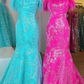 Fuchsia Strapless Sequins Mermaid Long Prom Dress with Feathers,DP1574