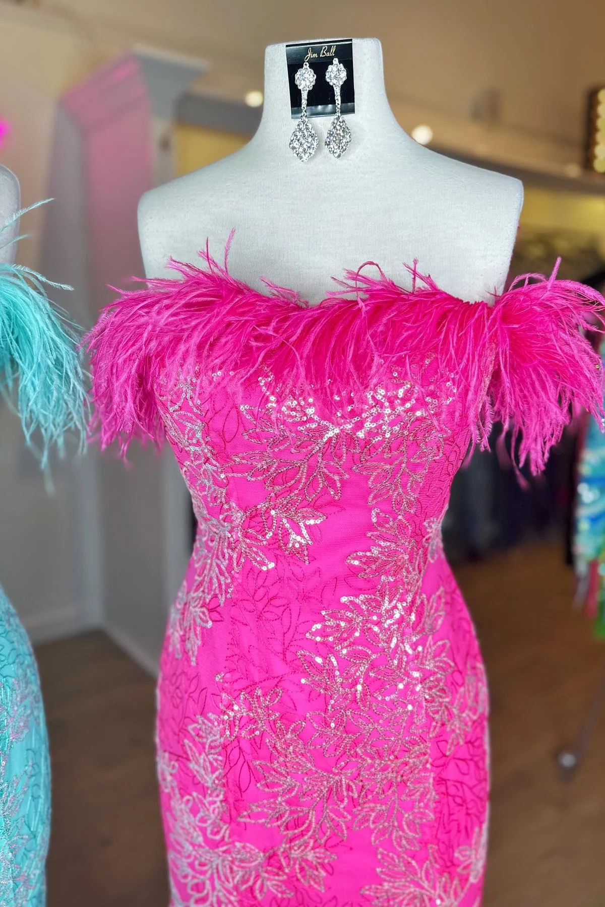 Fuchsia Strapless Sequins Mermaid Long Prom Dress with Feathers,DP1574