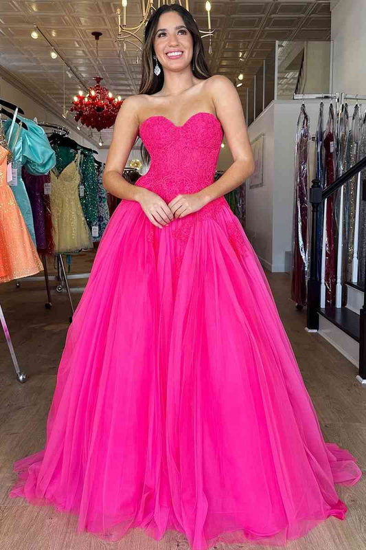 Hot Pink Sweetheart A-Line Strapless Long Party Dress with Appliques,DP1575