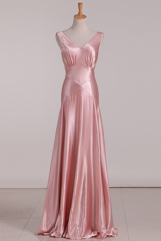 Pink V Neck Satin Backless Long Party Dress Bridesmaid Dress,DP1577