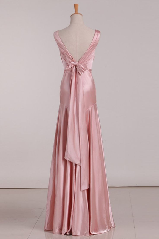 Pink V Neck Satin Backless Long Party Dress Bridesmaid Dress,DP1577