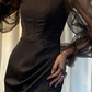 Black Long Sleeves Square Neck Long Prom Dress with Slit,DP1578