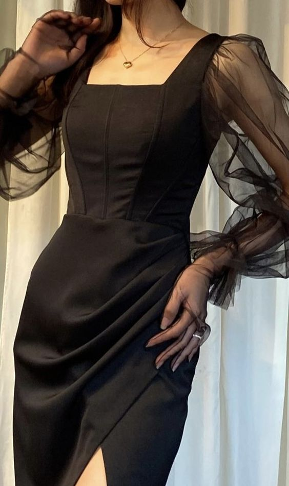 Black Long Sleeves Square Neck Long Prom Dress with Slit,DP1578