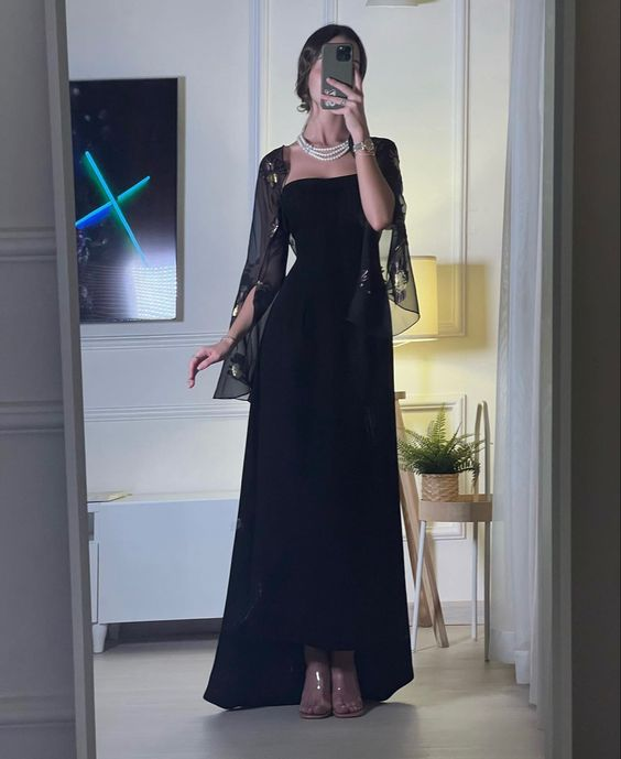 Unique Black Strapless Detachable Sleeves Long Prom Dress,DP1580