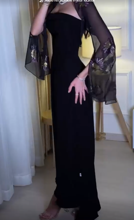 Unique Black Strapless Detachable Sleeves Long Prom Dress,DP1580