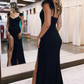 Sexy Black Feather Straps Long Prom Dress with High Slit,DP1582