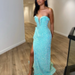 Baby Blue Sequins V Neck Strapless Long Evening Dress with Slit,DP1583