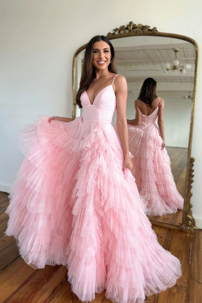 Pink Spaghetti Strap Tulle Tiered A-Line Long Prom Dress Evening Gown,DP1584