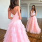 Pink Spaghetti Strap Tulle Tiered A-Line Long Prom Dress Evening Gown,DP1584