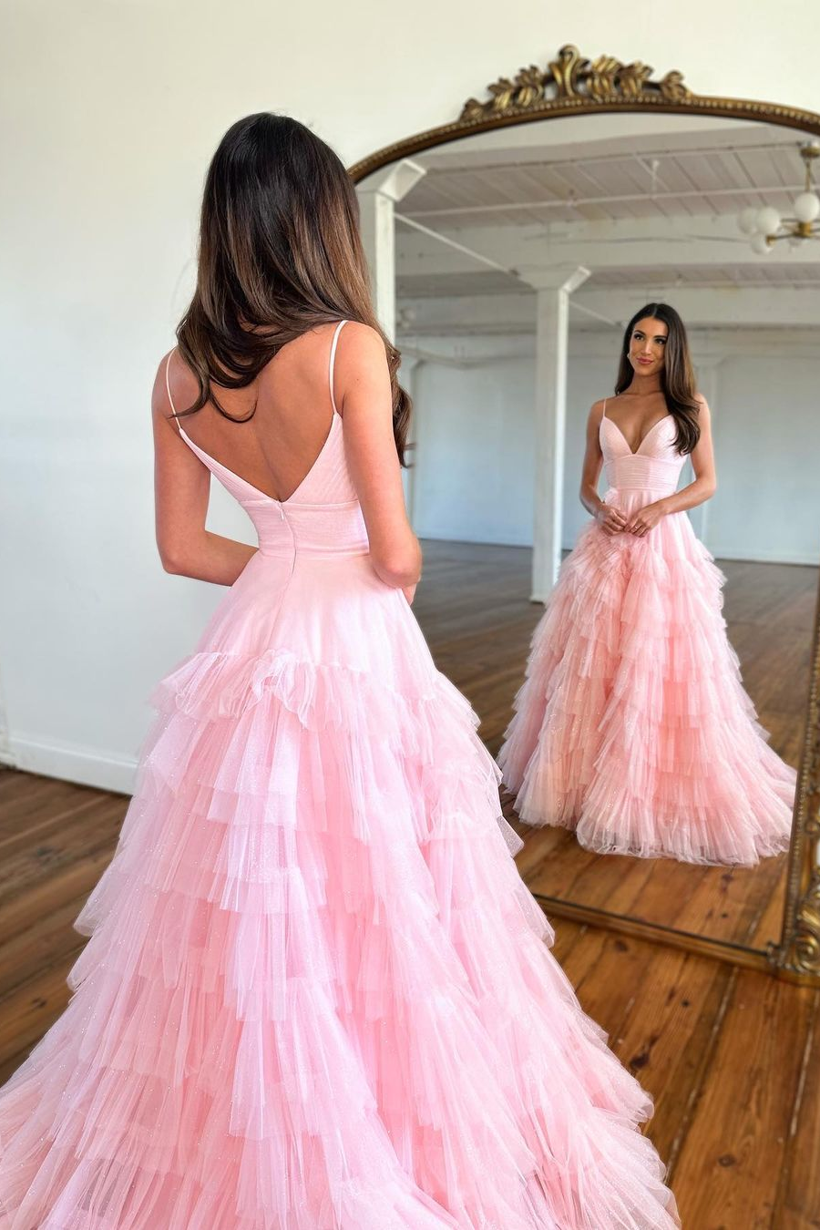 Pink Spaghetti Strap Tulle Tiered A-Line Long Prom Dress Evening Gown,DP1584