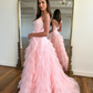 Pink Spaghetti Strap Tulle Tiered A-Line Long Prom Dress Evening Gown,DP1584