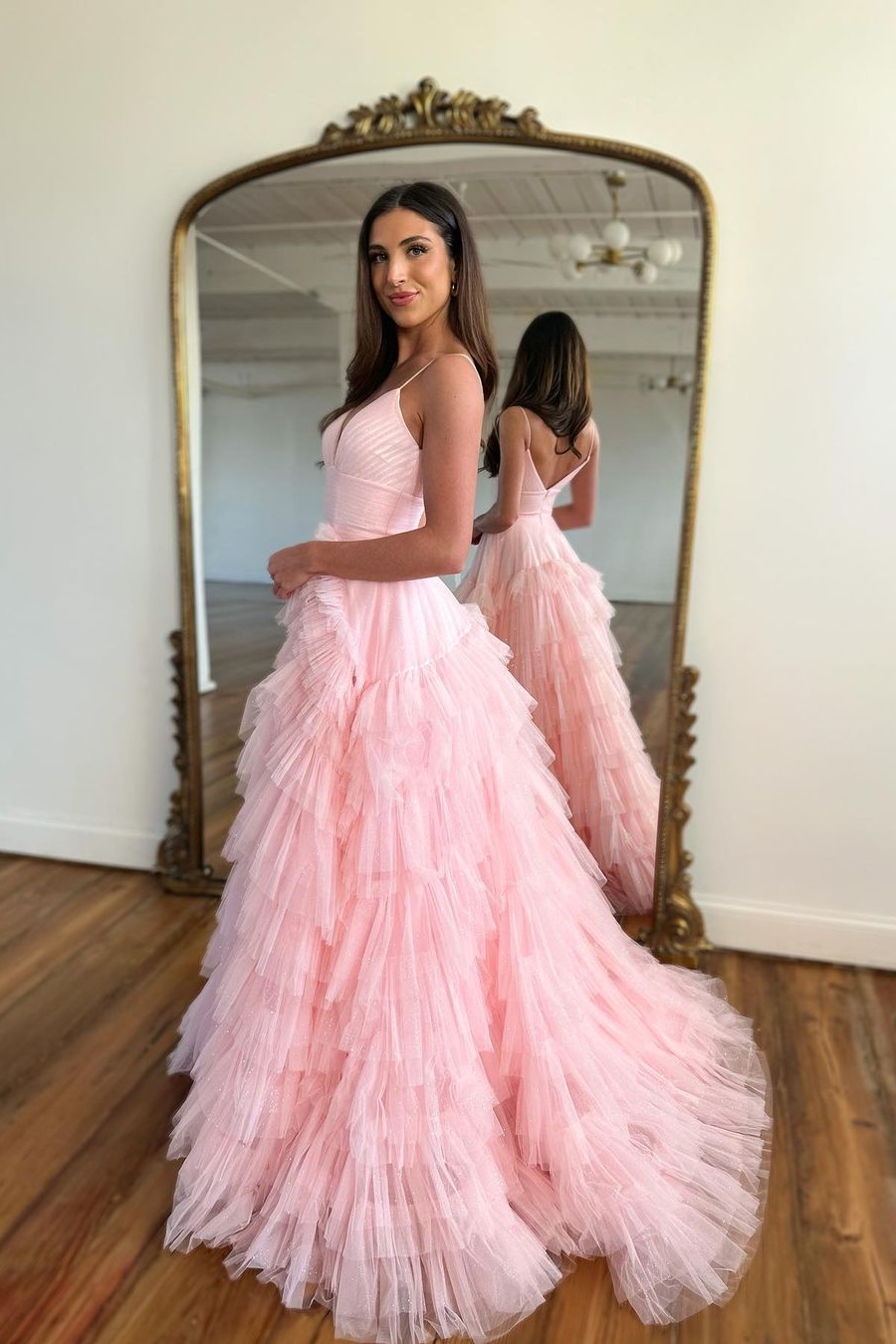 Pink Spaghetti Strap Tulle Tiered A-Line Long Prom Dress Evening Gown,DP1584