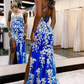 Blue V Neck Lace a Mermaid Long Prom Dress with Slit,DP1585