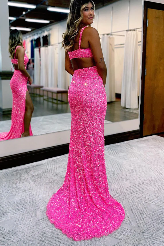 Glitter Hot Pink Charming Mermaid V Neck Sequins Long Prom Dresses with Slit,DP1586