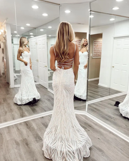 White Spaghetti Straps Sequined Mermaid Long Prom Dress,DP1589