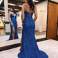 Royal Blue Spaghetti Straps Sequined Mermaid Long Prom Dress with Slit,DP1590