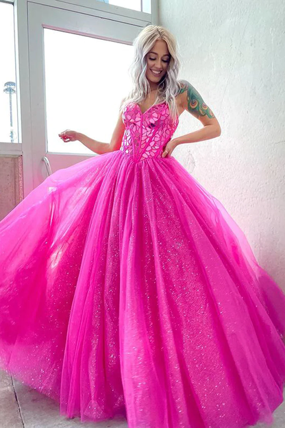 Hot Pink A-Line Strapless Long Prom Dress Evening Gown,DP1591