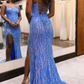 Blue Spaghetti Straps Tassel Mermaid Sequined Long Prom Dress,DP1593