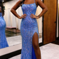 Blue Spaghetti Straps Tassel Mermaid Sequined Long Prom Dress,DP1593