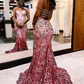 Burgundy Sweetheart Strapless Sequins Mermaid Long Prom Dress,DP1595