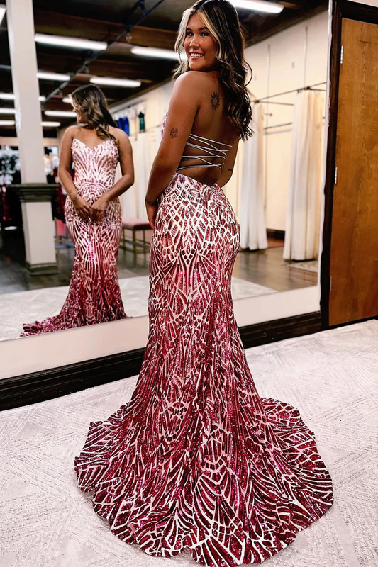 Burgundy Sweetheart Strapless Sequins Mermaid Long Prom Dress,DP1595