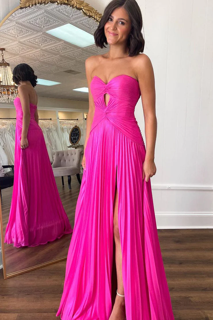 Fuchsia Strapless Chiffon A-Line Long Prom Dress with Slit,DP1597