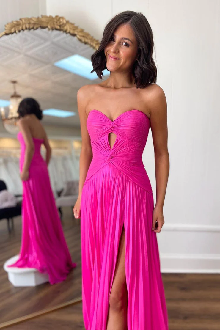 Fuchsia Strapless Chiffon A-Line Long Prom Dress with Slit,DP1597