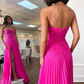 Fuchsia Strapless Chiffon A-Line Long Prom Dress with Slit,DP1597