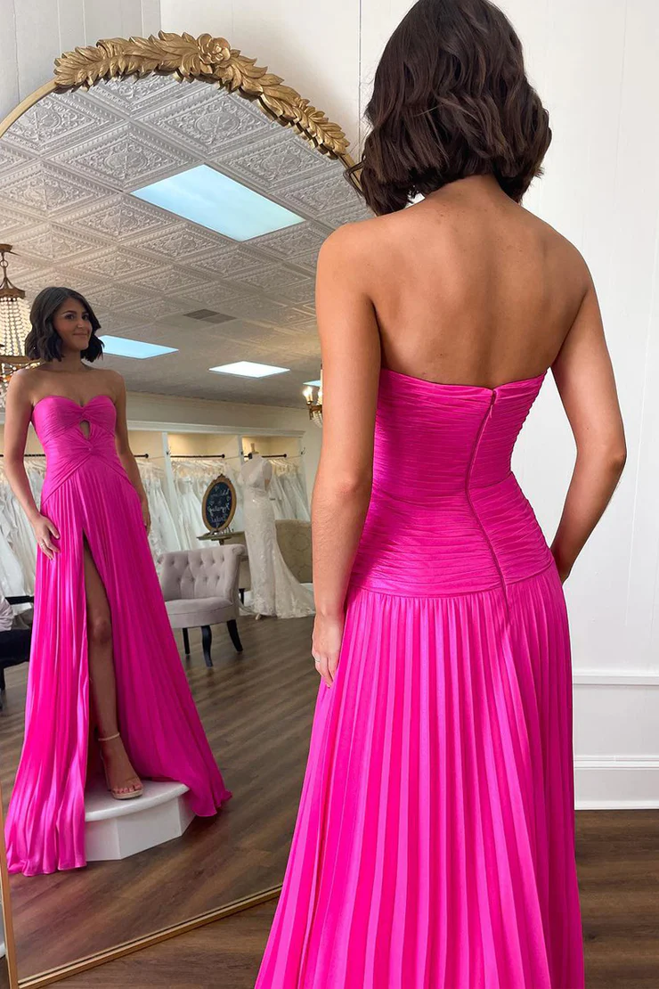 Fuchsia Strapless Chiffon A-Line Long Prom Dress with Slit,DP1597