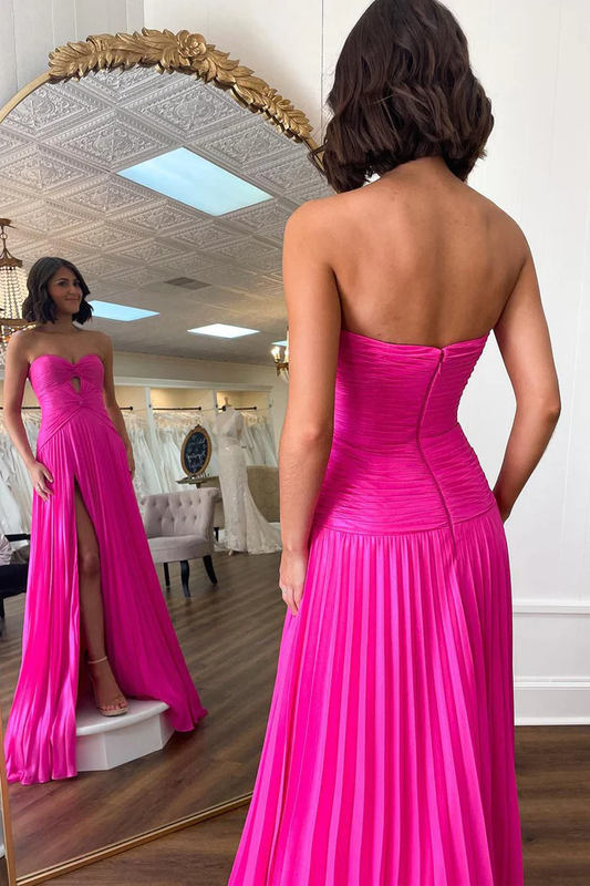 Fuchsia Strapless Chiffon A-Line Long Prom Dress with Slit,DP1597