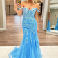 Blue Off Shoulder Tulle Appliques Mermaid Long Prom Dress,DP1598