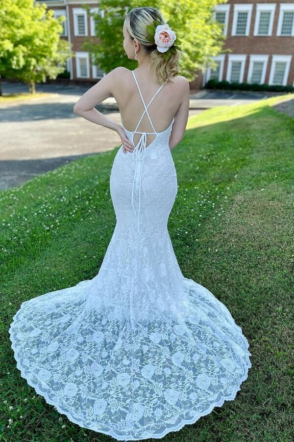 White Spaghetti Straps Lace Mermaid Long Prom Dress Light Wedding Dress,DP1599