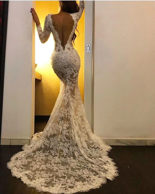 Sexy White Lace Long Sleeves Mermaid Long Prom Dress with Slit,DP1601