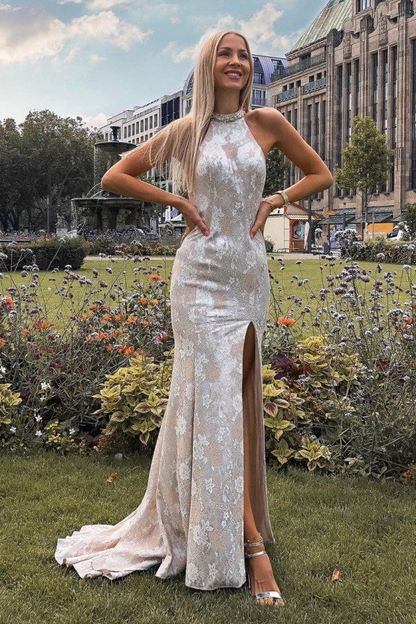 Elegant Lace Halter-Neck Sheath High Slit Prom Dress DP1603