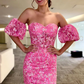 Hot Pink Sequin Strapless Short Dress with Detachable Sleeves,DP1604