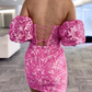 Hot Pink Sequin Strapless Short Dress with Detachable Sleeves,DP1604