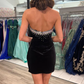 Black Velvet Strapless Beaded Short Cocktail Dress with Tassels,DP1605