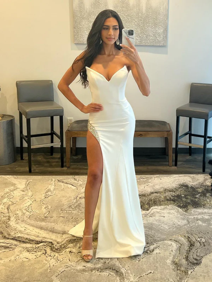 White Strapless V Neck Long Prom Dress With High Slit,DP1608