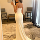 White Strapless V Neck Long Prom Dress With High Slit,DP1608