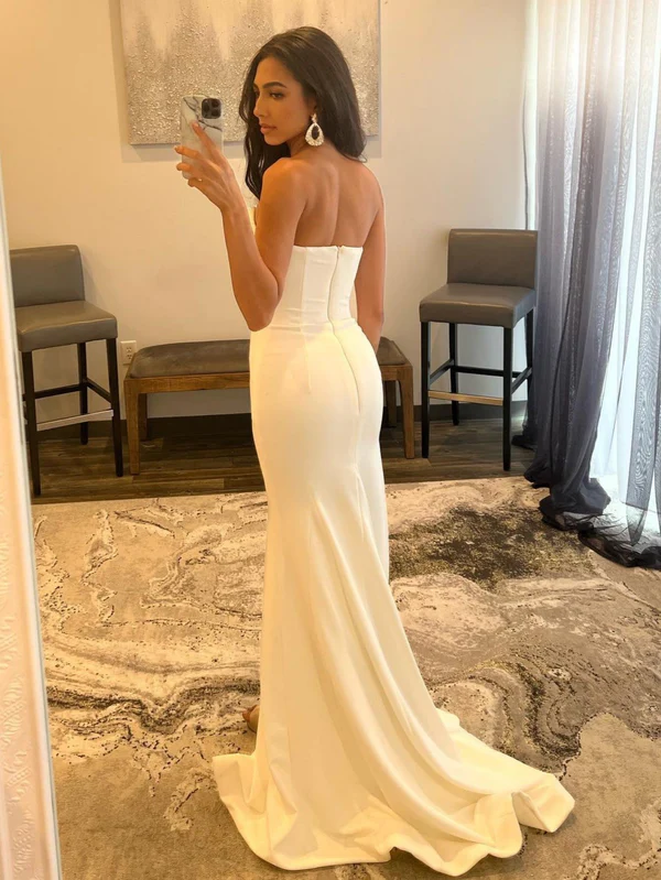 White Strapless V Neck Long Prom Dress With High Slit,DP1608