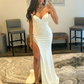 White Strapless V Neck Long Prom Dress With High Slit,DP1608